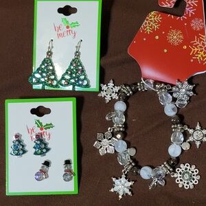 Holiday Christmas Jewelry Snowflake Charm Bracelet, Trees & Snowman Earrings